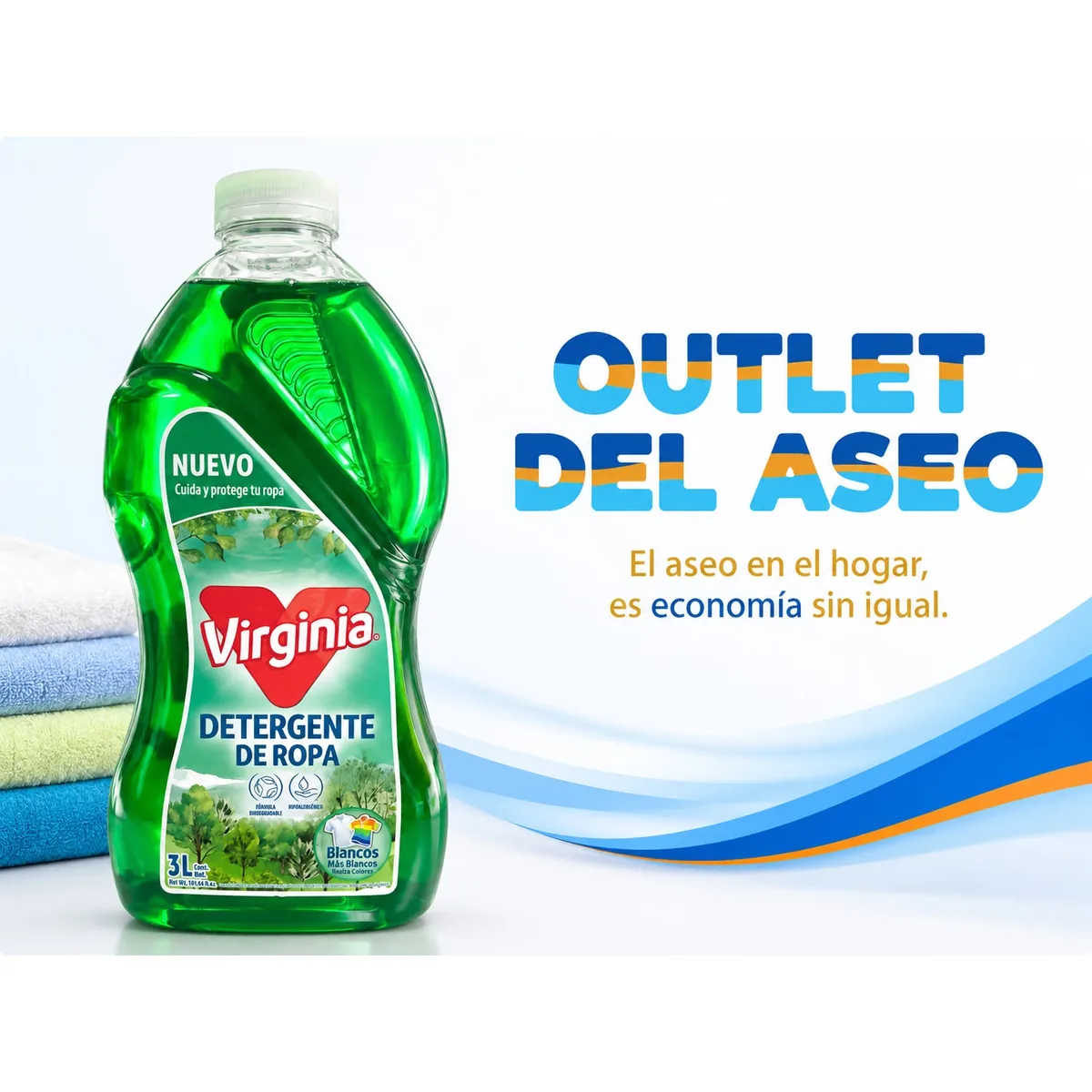 Detergente de ropa Virginia, fórmula biodegradable e hipoalergénica, 3 litros. Outlet Del Aseo: el aseo en el hogar es economía sin igual.